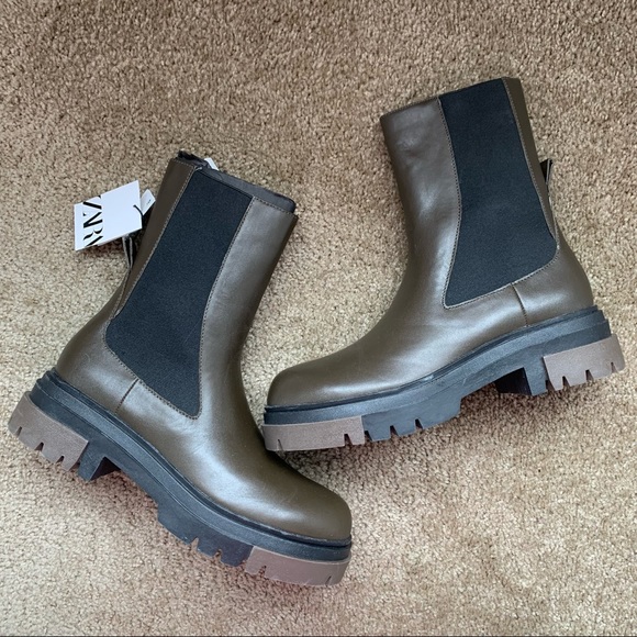 New Zara Chelsea Khaki Leather Ankle Boots Lug Soles Size 7.5 8 9 10 1176/810 - Picture 2 of 7